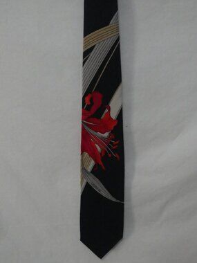 Vintage LEONARD PARIS Made In Italy Silk Tie Navy Red Floral Lily Stripes